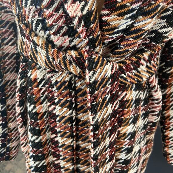 CAbi SZ M Women’s Regency Coat Belted Tweed Noble Plaid Wool Blend Fringe Hem - Picture 6 of 11